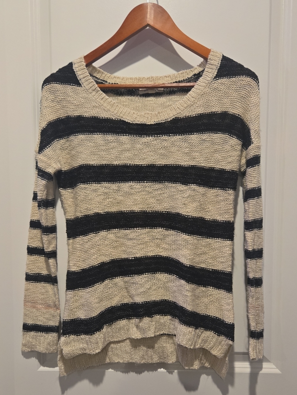 Pink Rose Black and Cream Striped Open-Knit Crewneck Sweater